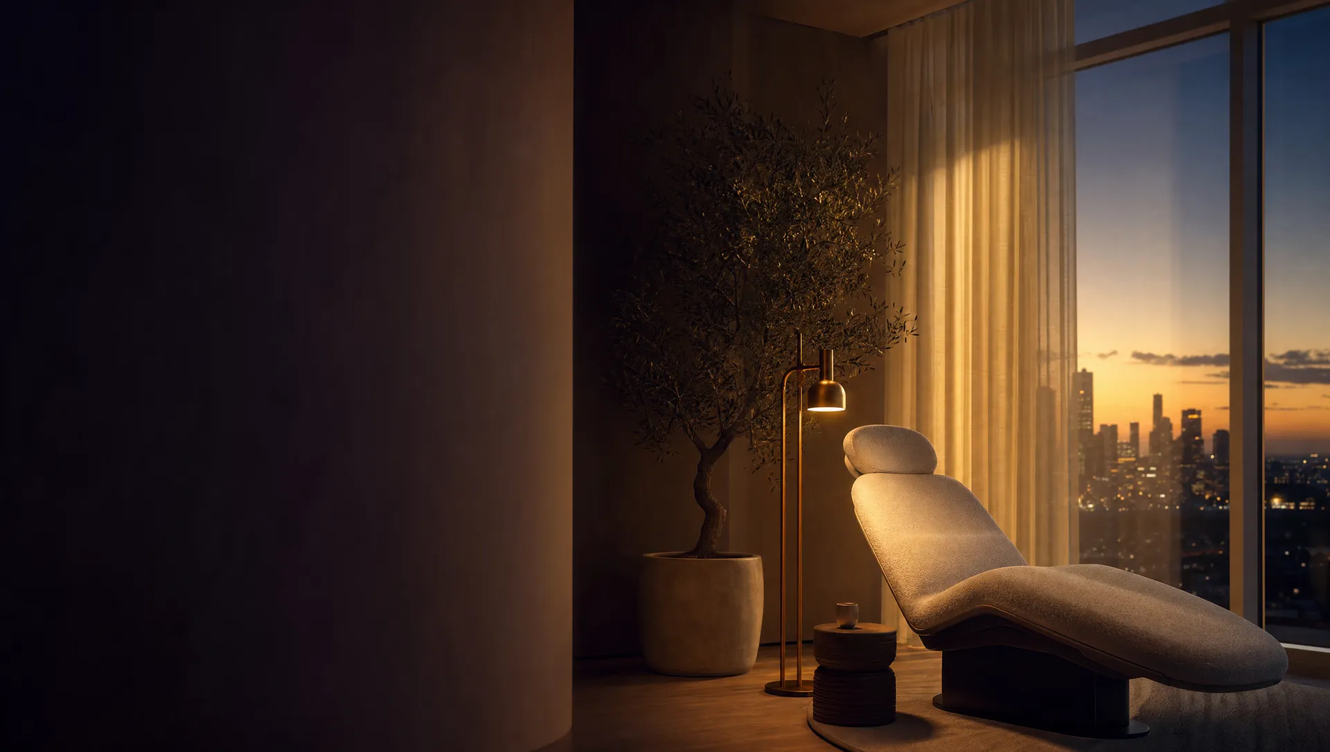 The treatment lounge at dusk, lit by a warm brass lamp