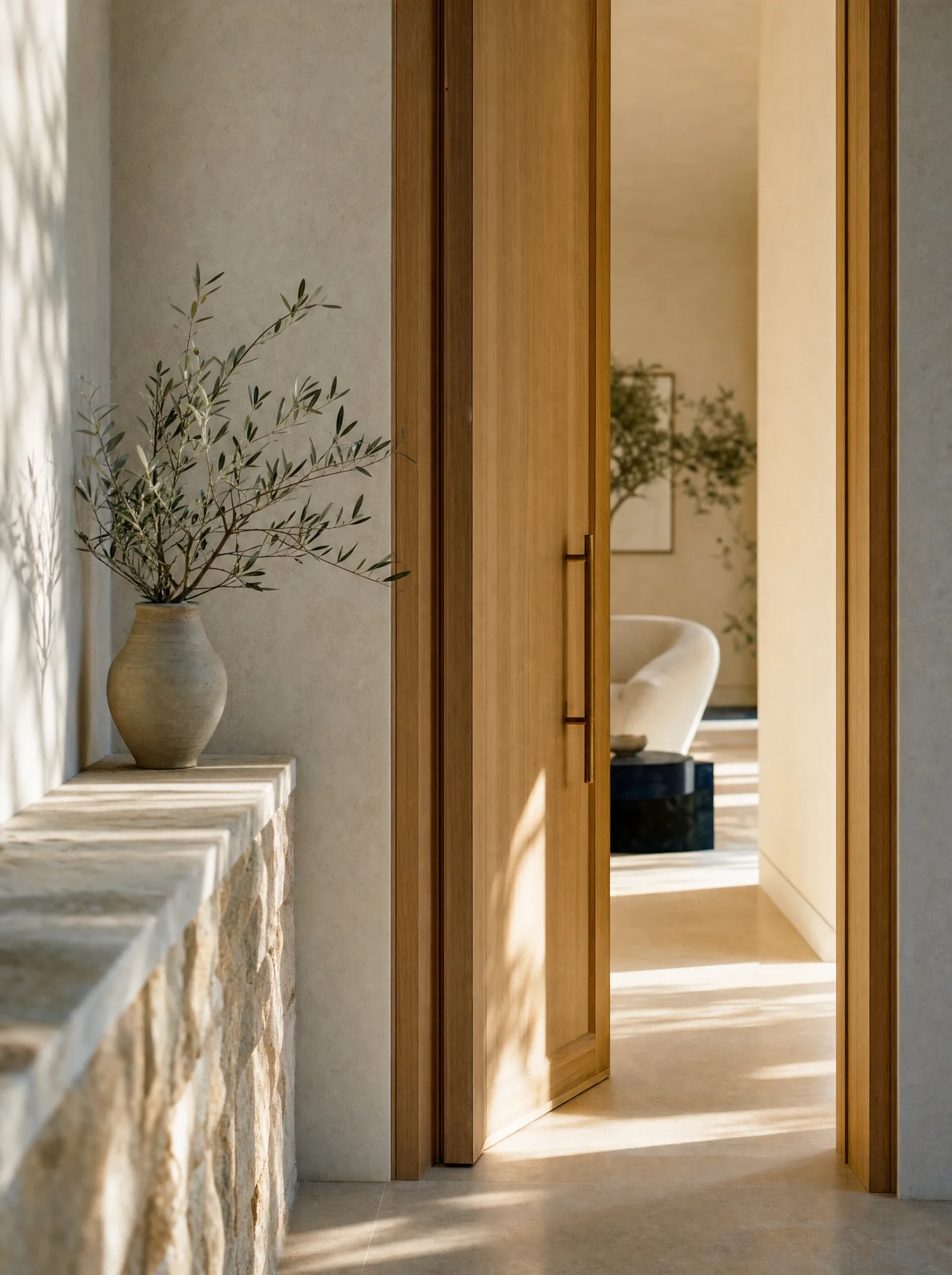 The warm oak entry of the studio with an olive branch on a stone ledge