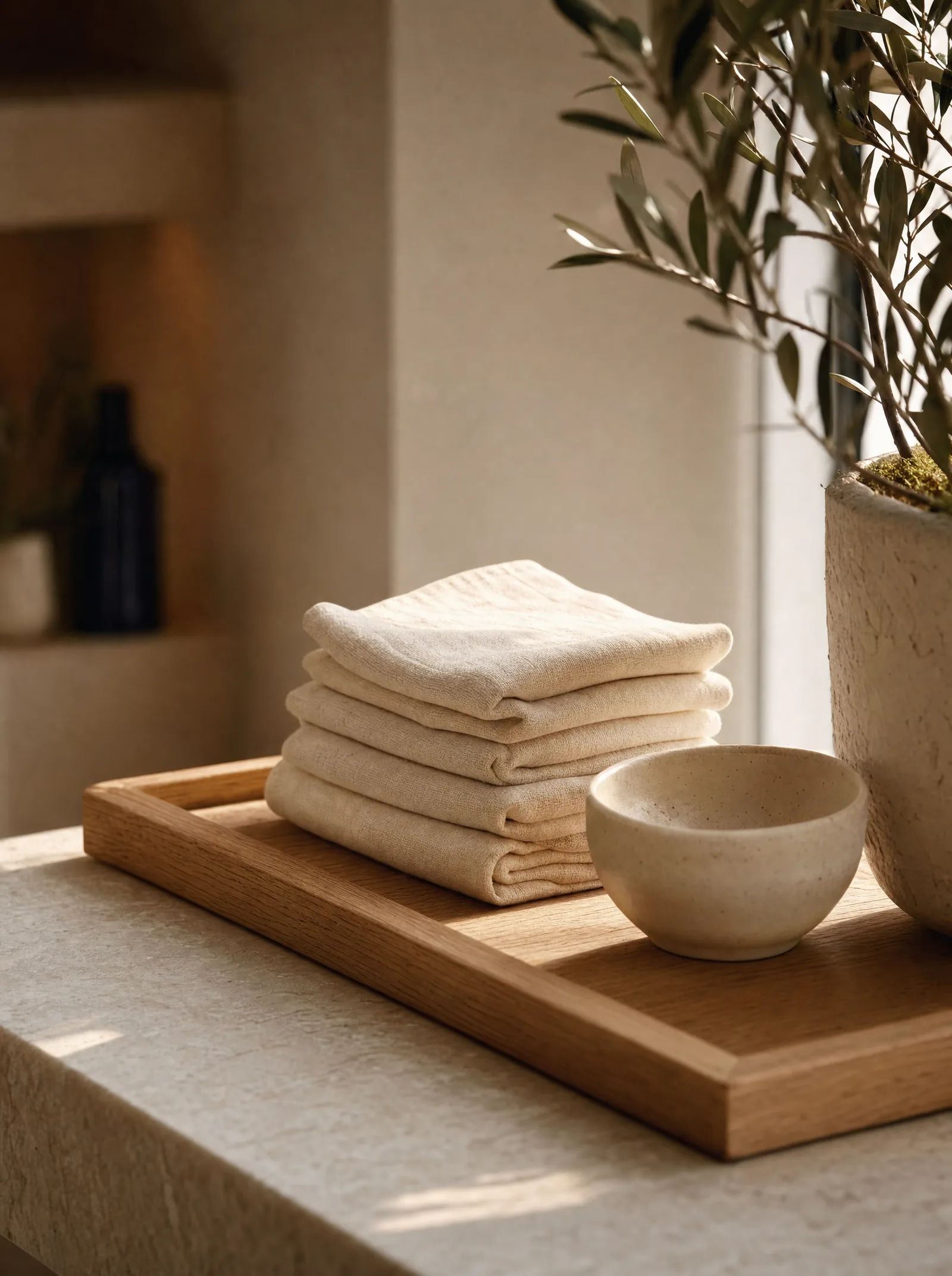 Folded cream linen towels on a warm oak tray in soft light